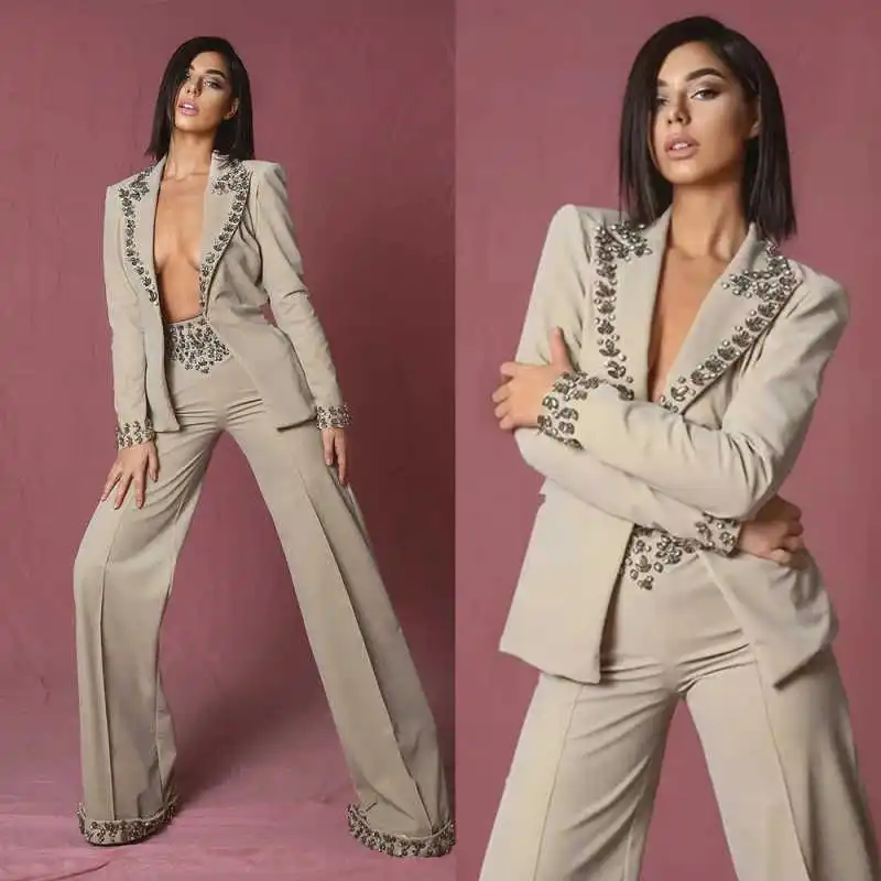 Gorgeous Crystals Women's Suits One Button Peaked Lapel Jacket Sets Birthday Party Plus Size 2 Pieces Customized