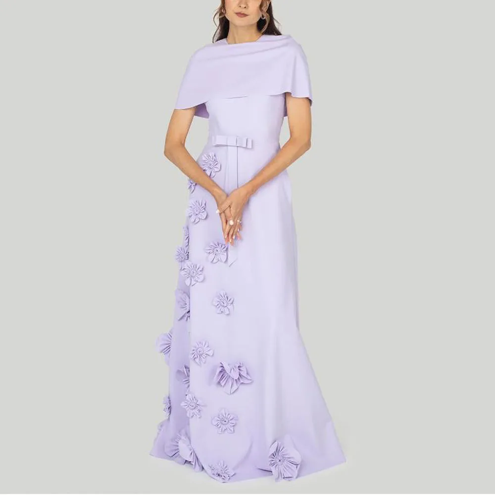 Vestido de noite personalizado com manga de capa e flor artesanal, linha a, vestidos de convidados de casamento, gola redonda, vestidos formais de cetim