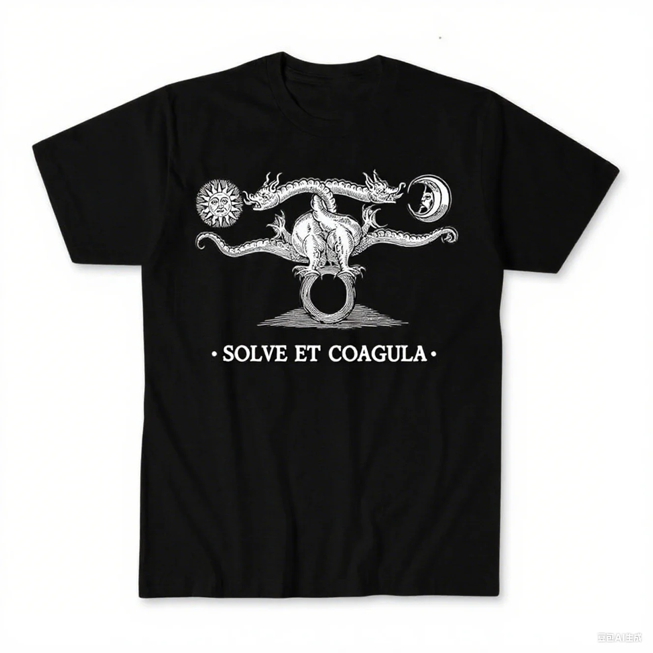 Alquimia medieval místico dragão celta místico pagão "solve et coagula" vintage xilogravura sabedoria antiga cobra padrão camiseta topos