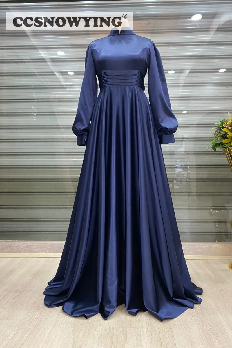 

Simple Navy Long Sleeve Muslim Evening Dresses High Neck Hijab Islamic Formal Party Gown Saudi Arabia Robes De Soirée