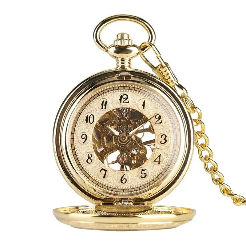 Men Vintage Mechanical Pocket Watch Windup Half Hunter Gold Arabic Numerals Gift