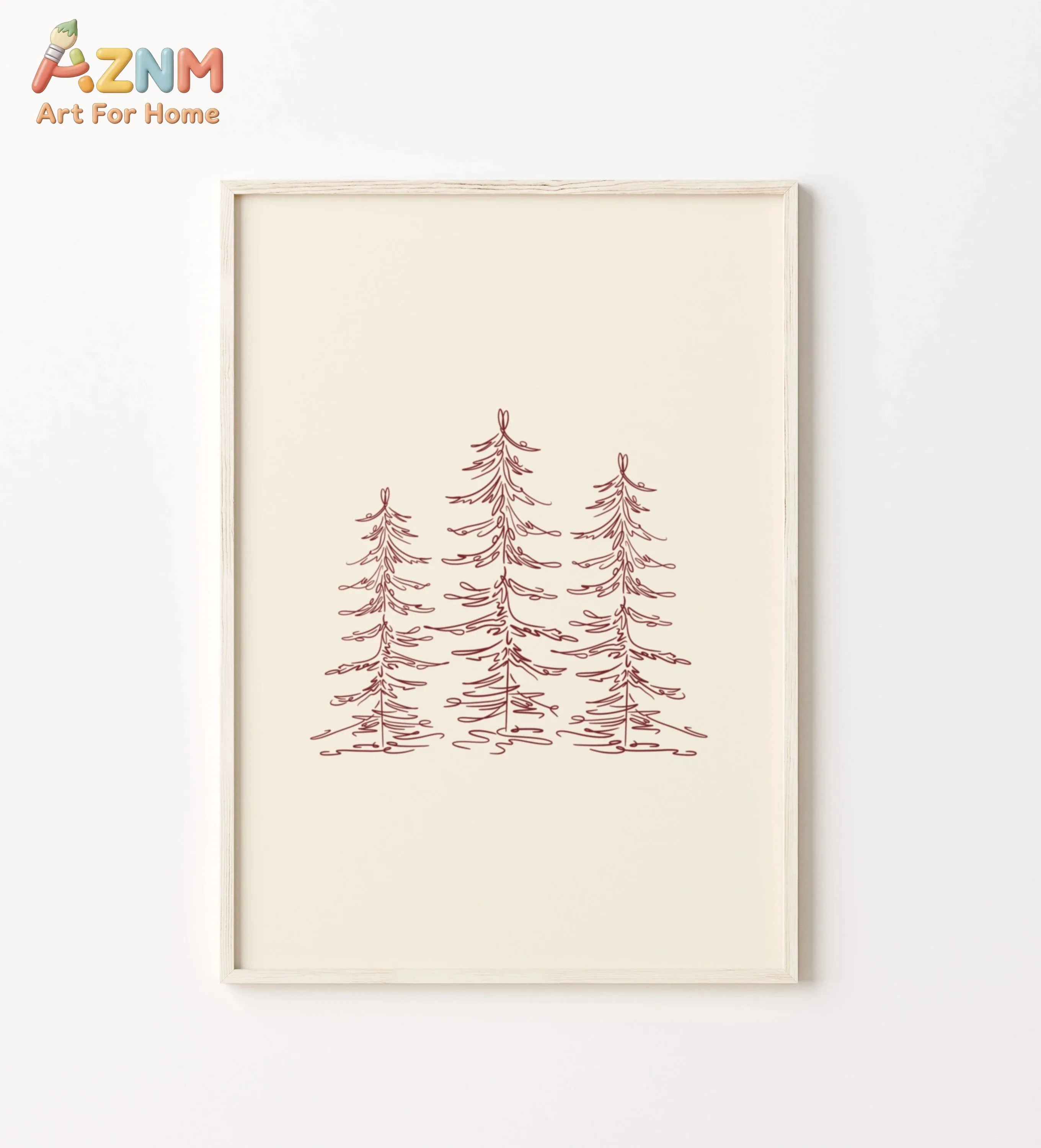 AZNM Neutral Beige Minimalist Christmas Canvas Wall Art Line Drawing Pine Tree Wreath Merry Christmas Script Print Farmhouse Win