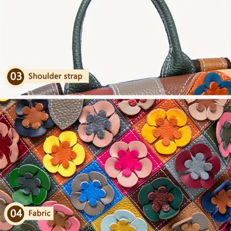 ​ ​ Plecak w stylu boho z kwiatowym patchworkiem - Plecak dzienny w stylu vintage z prawdziwej skóry z wytłoczonymi kwiatami 3D, romantyczny plecak, patchwork retro