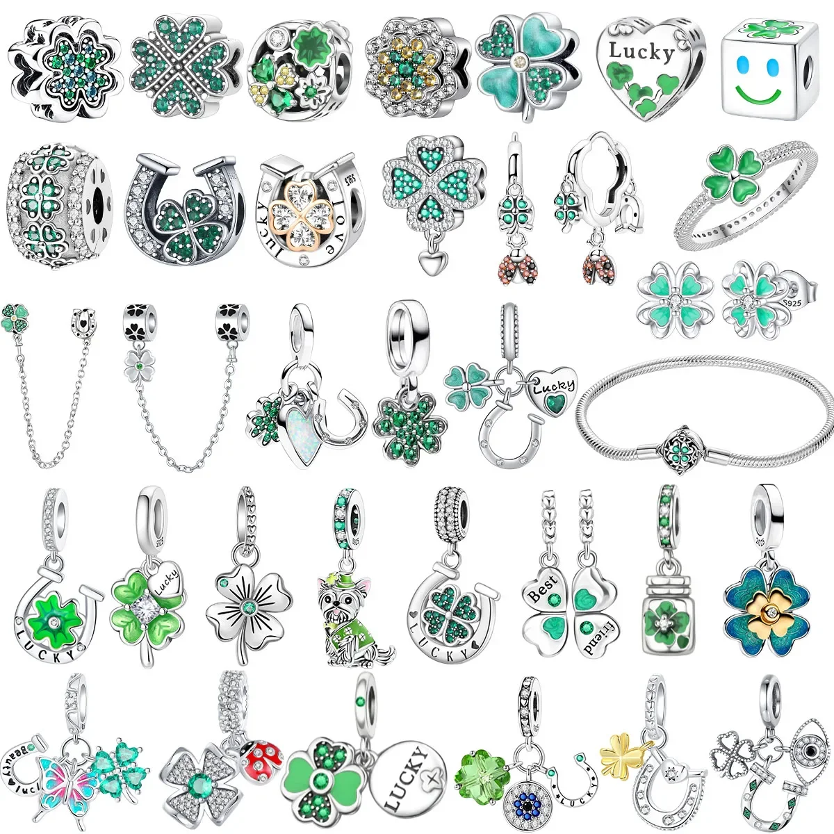 

Оригинальные зеленые подвески из стерлингового серебра 925, счастливые четырехлистные клеверные серьги-подковы из бисера, кулон, подходит для браслета, ожерелья, ювелирных изделий