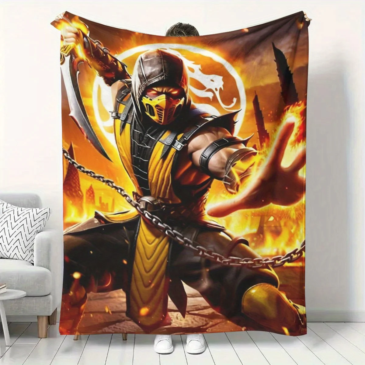 Cool Ninja Scorpion Fire Fighting Character Pattern Flannel Blanket Warm Cozy Printed Throw Blanket Living Room Bedroom Travel