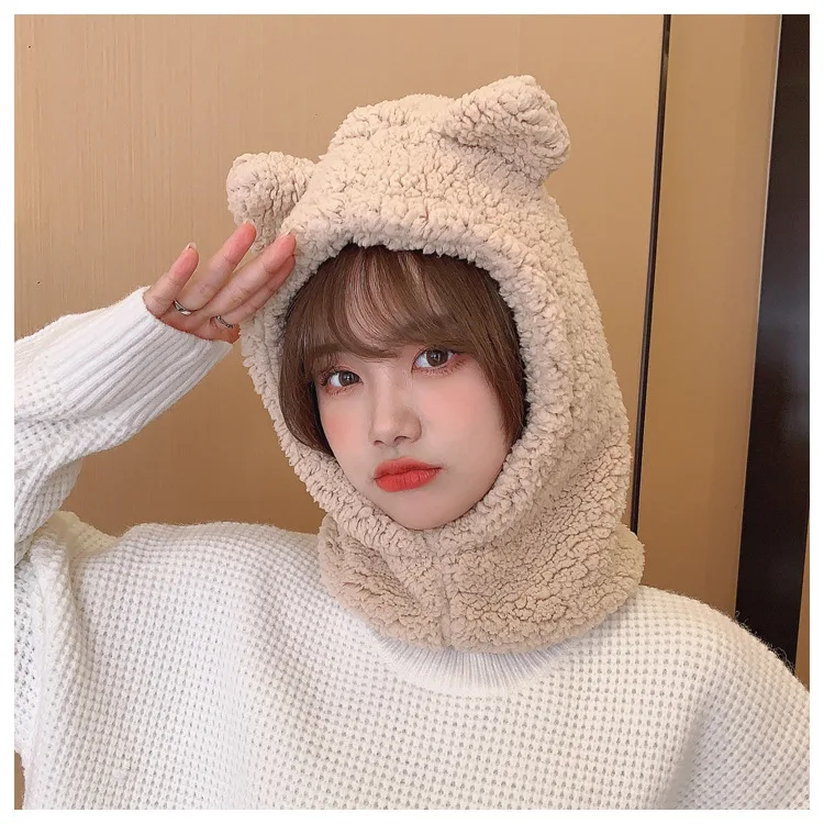 Winter Parent-child Cap Plush Balaclava Cartoon Bear Ear Lamb Warm Hat with Mask Thickened Ear Protection Skullies Beanies Girl