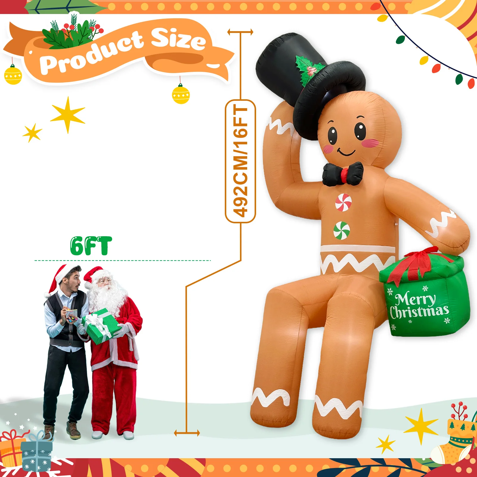 16FT Giant Christmas Inflatables Gingerbread Man, Sitting Gingerbread Inflatable Christmas Decorations with LED Lights Yard Roof