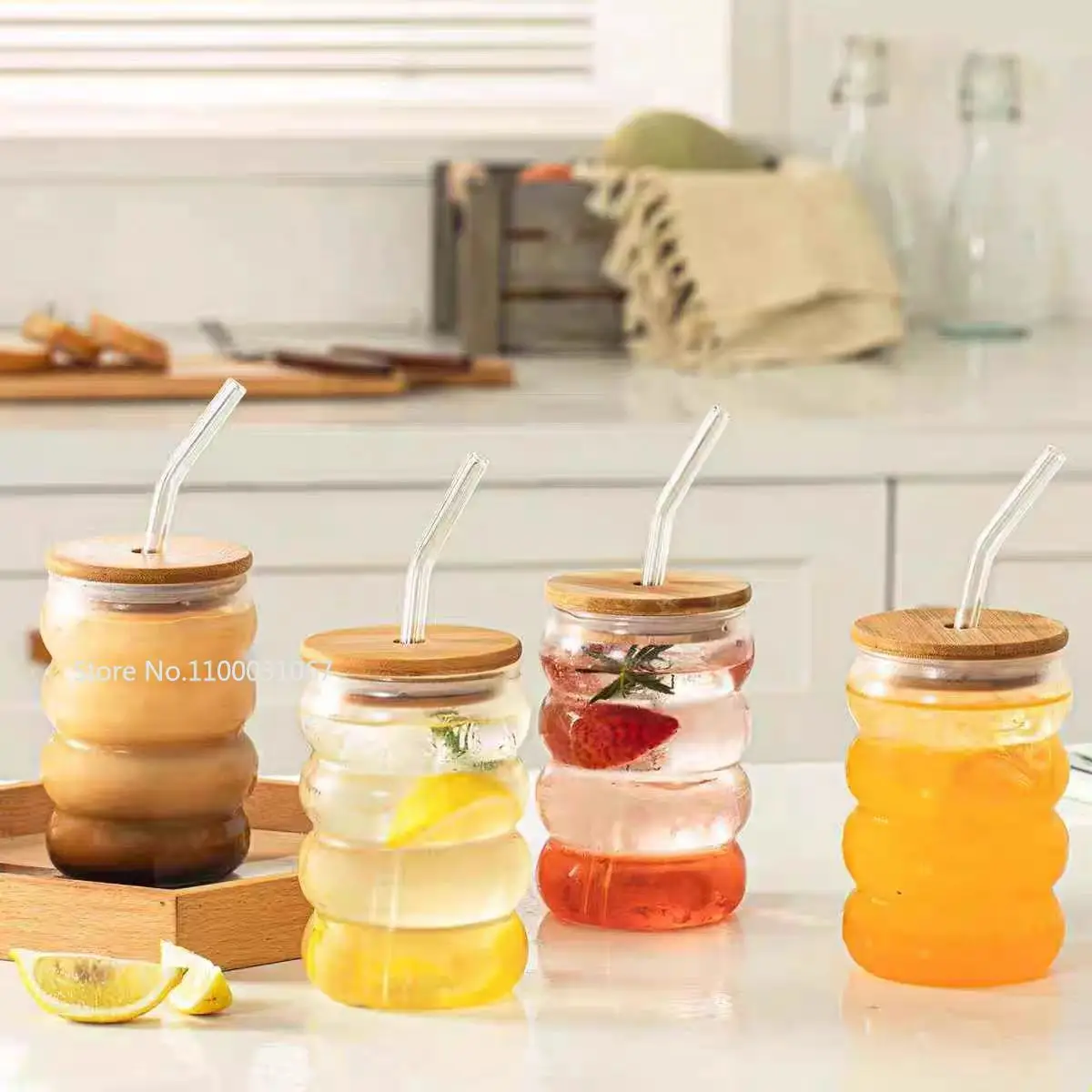 1set  Creative Glass Cup with Lid Straw Heat-resistant Wave Cup Beer Juice Ice Coffee Cups Cocktail Fruit Bubble Glass Drinkware