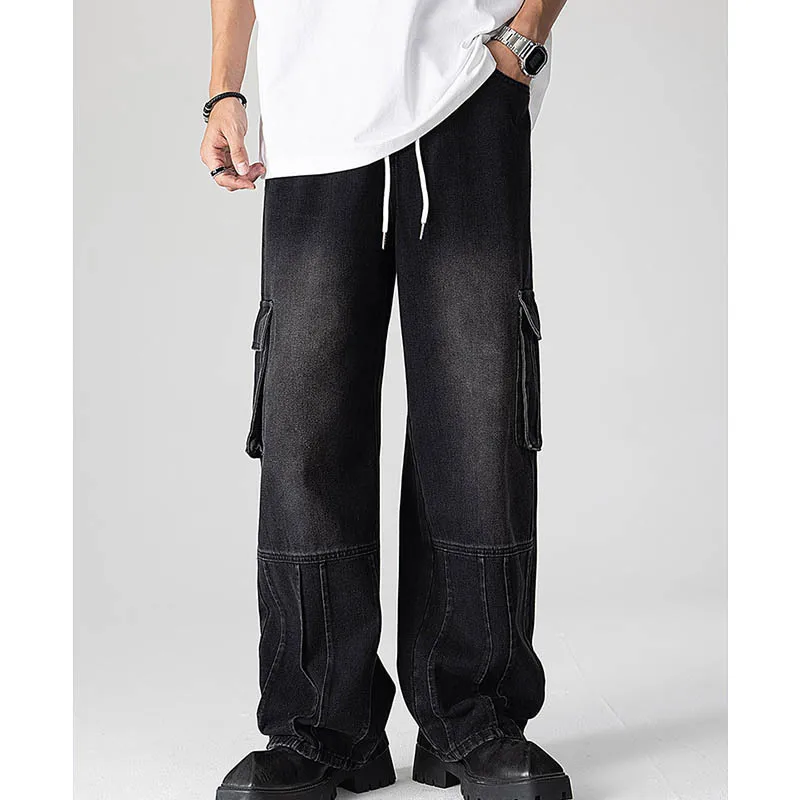 

Men's High Waist Wide Leg Straight Baggy Jeans Casual Washed Large Pocket Drawstring Cargo Denim Trousers