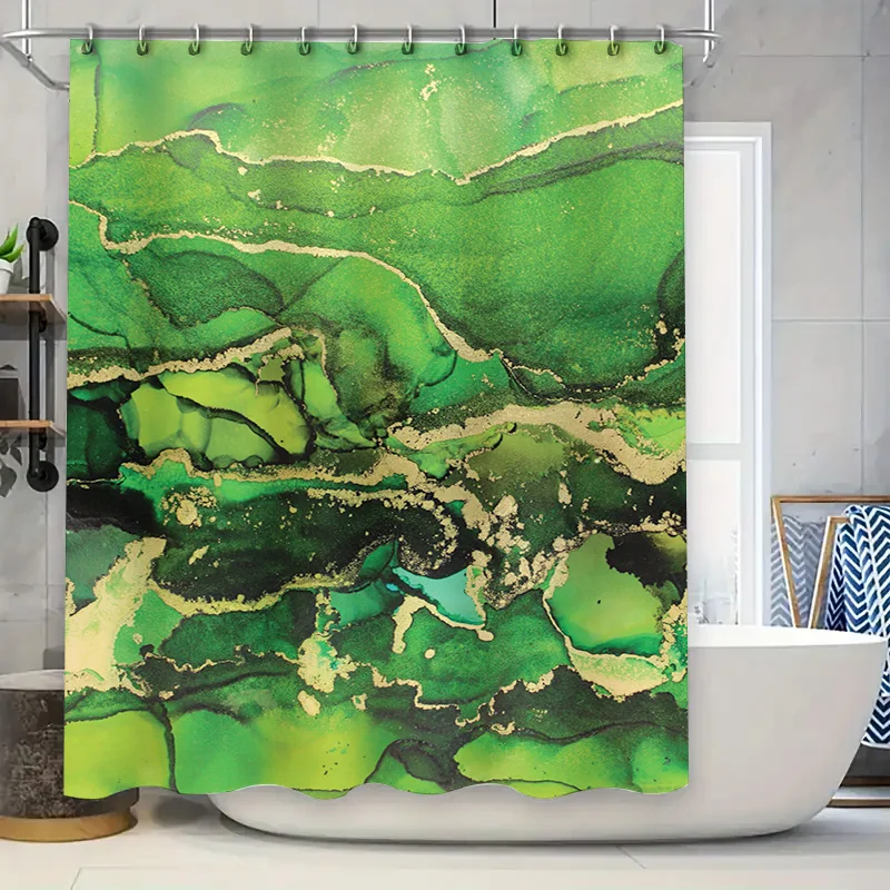 

Роскошная зеленая абстрактная художественная занавеска для душа для декора ванной комнаты, мягкая ткань, водонепроницаемые занавески для душа с карманом для стержня, набор золотых D