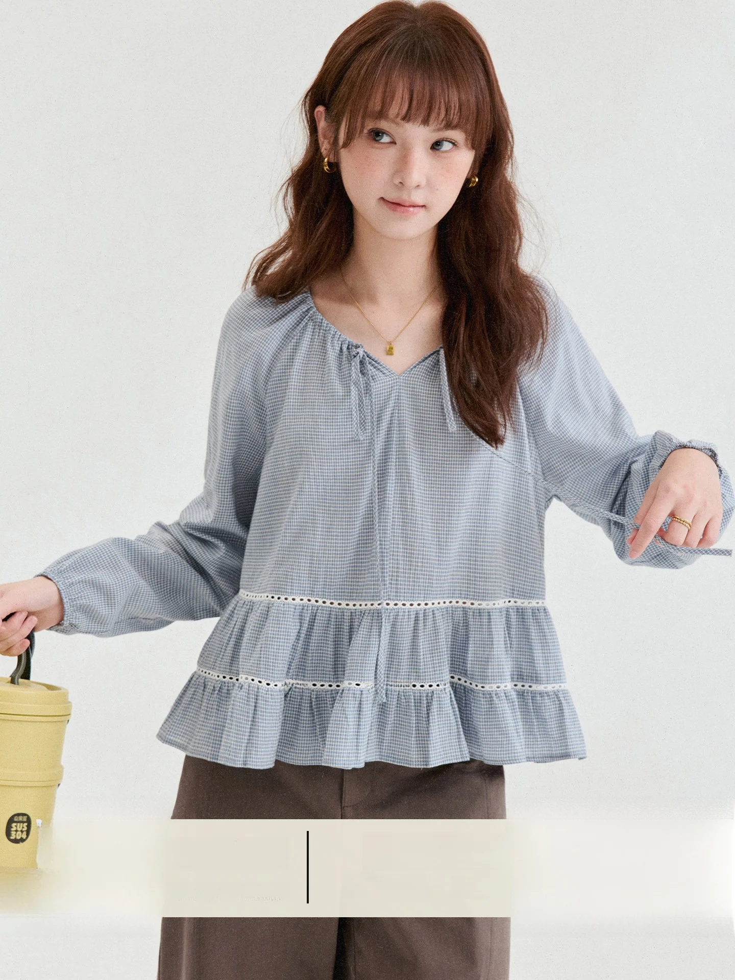 AMUU Original Drawstring V-Neck Hollow out Short Sleeve Long Shirt Women's Autumn New Style Korean Style Loose Fit Shirt