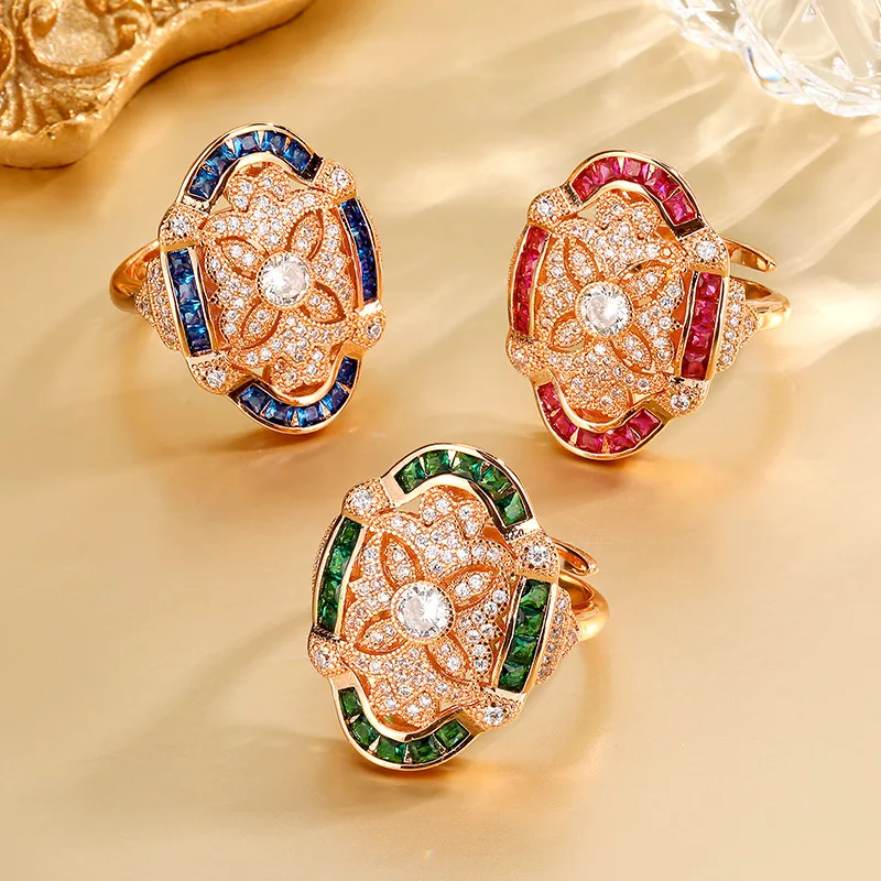

Vintage Geometric Floral Ring Adjustable Micro Paved Zircon Ring with Emerald Red Stones Fashion Statement Jewelry for Women