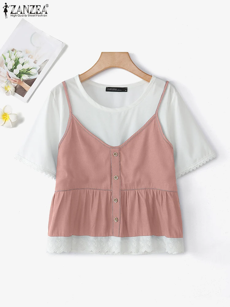 

ZANZEA Women Patchwork Blouse Casual Loose Tops 2025 Short Sleeve Lace Tunic Fashion O-Neck Summer Hollow Out Blusas Oversized