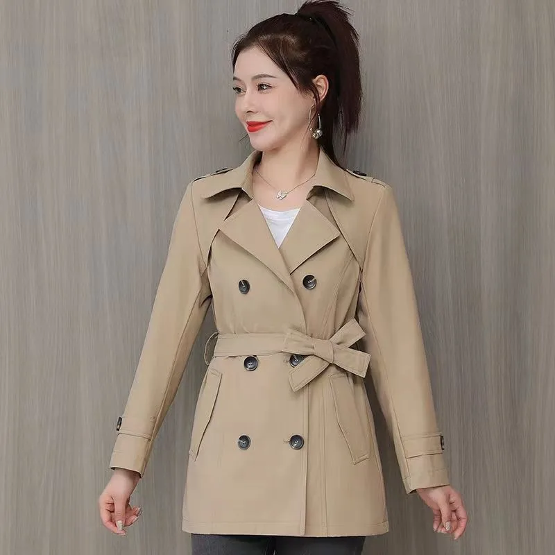

Women Trench Coat Jacket Autumn 2025 Windbreaker Office Lady Turn Down Collar Double Breasted Lace Up Tight Waist Outerwear