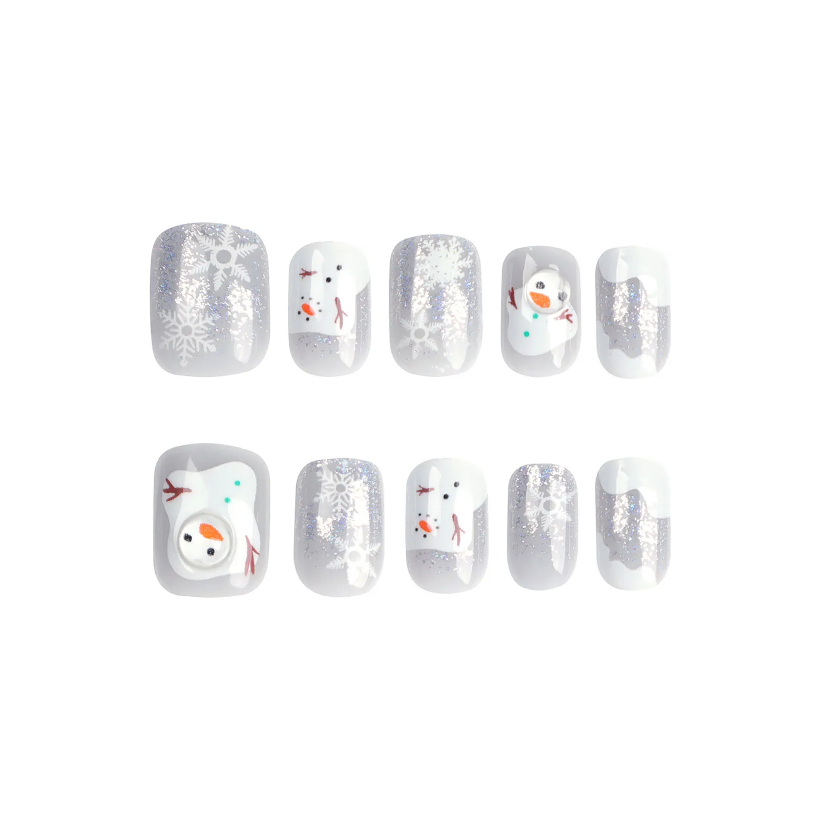 Silver Press-on Nail with Glitter Christmas Snowflakes Sqaure Edge Artificial Nail for Valentine's Day Lover Gift