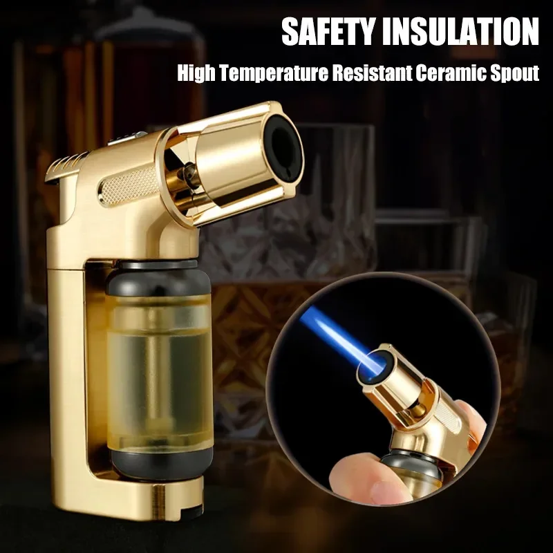 JOBON Inflatable Lighter Transparent Visible Large Capacity Chamber Fixed Flame Lock Design Windproof Cigar Spray Gun Smoking