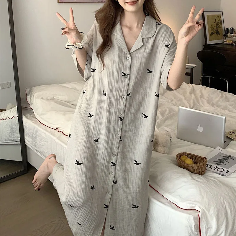 Bird Print Omen Nightgown Summer Korean Sleepwear Ruffles Night Dress Turn Down Collar One Piece Pajamas Short Sleeve Home Wears