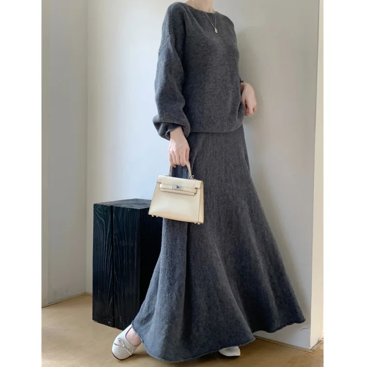 Fall Winter Warm Knitted 2 Piece Set For Woman Outfits Korean Casual Pullover Oversized Solid Sweater+long Skirt Sets 2024