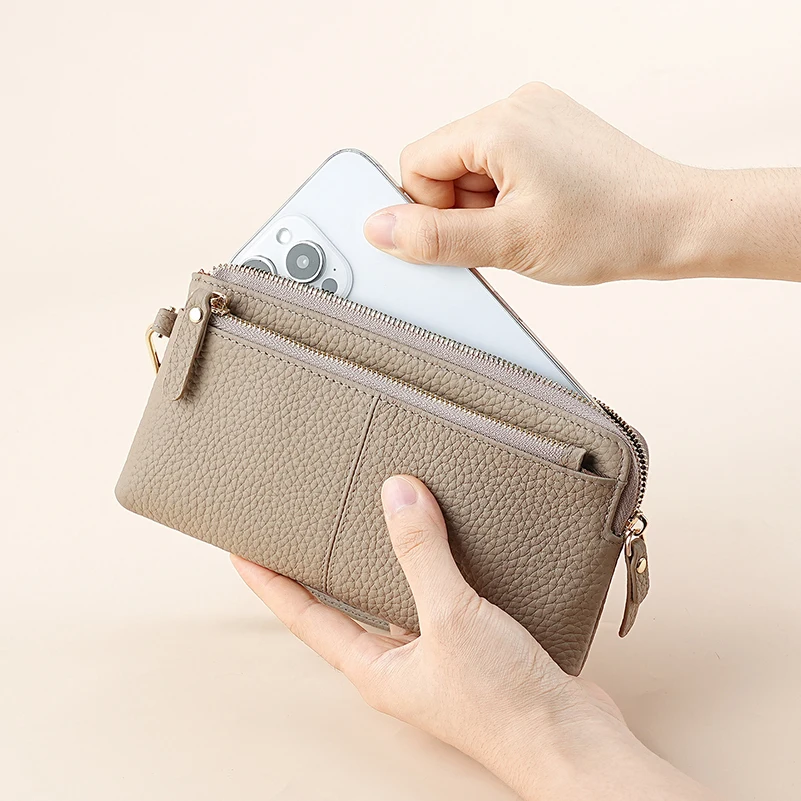 Detachable Wrist Strap Women's Long Wallet Cowhide Leather Multifunctional Phone Bag New Three Zipper Clutch Bag