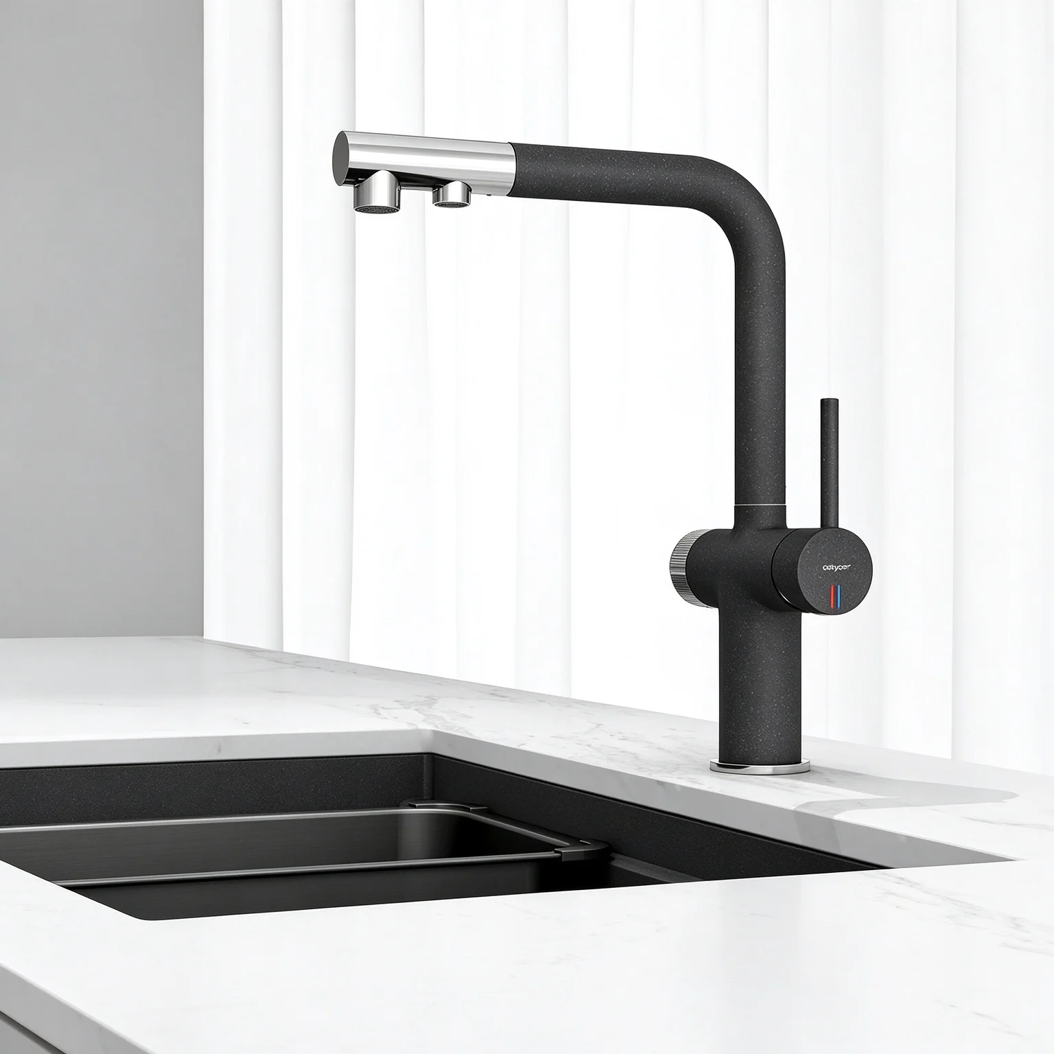 3-in-1 Pull Out Kitchen Faucet Solid Brass Dual Hot Cold Kitchen Sink Tap with Drinking Water Port & 1.5M Hose Home Water Filter