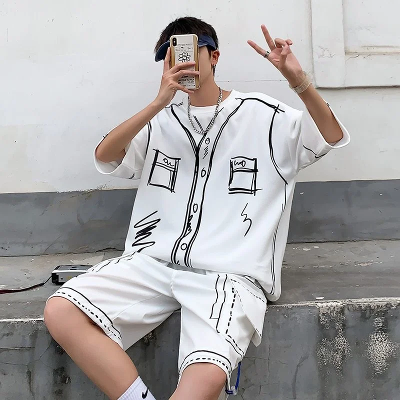 Men Cute Graffit Blouse Top Shorts Set Oversize Summer Funny Shirt Clothes Harajuku Casual Short Sleeve T-shirt 2 Piece Suits