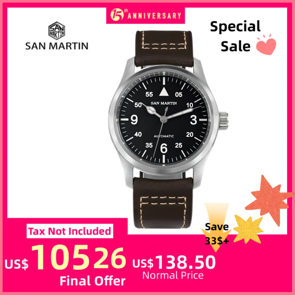 

San Martin 37mm Pilot Watch For Men 8215 Retro Mechanical Wristwatch Military Clock Automatic Waterproof 10Bar BGW9 SN0034B-1