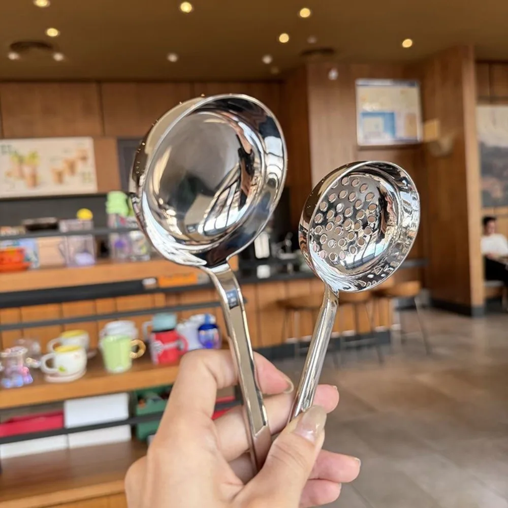Stainless Steel Soup Spoon Deepened Long Handle Slotted Spoon Flat Bottom Rust-proof Serving Colander Restaurant