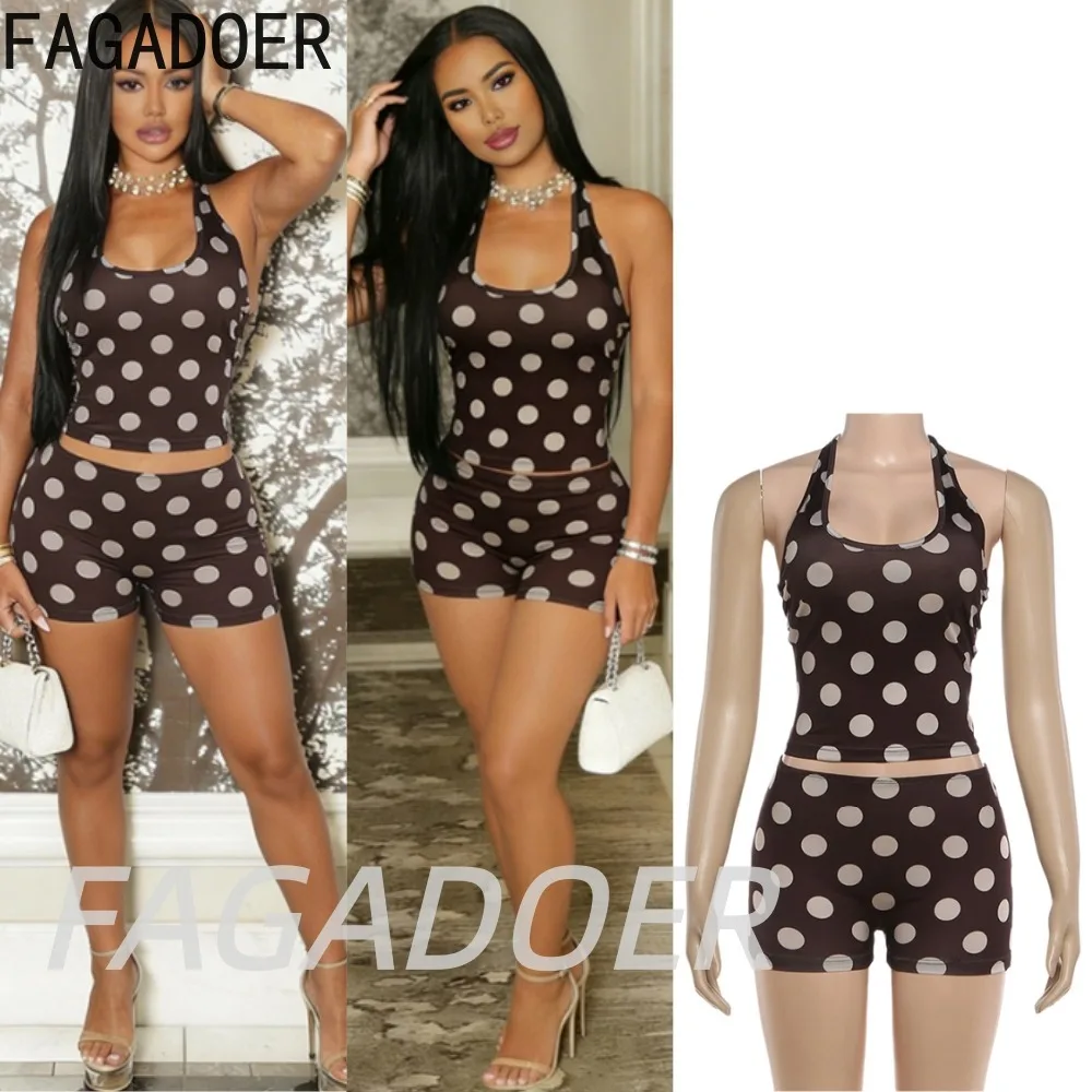 

FAGADOER Fashion Polka Dot Printing Two Piece Sets Women Halter Backless Slim Top And Shorts Outfits Sexy 2pcs Streetwear 2026