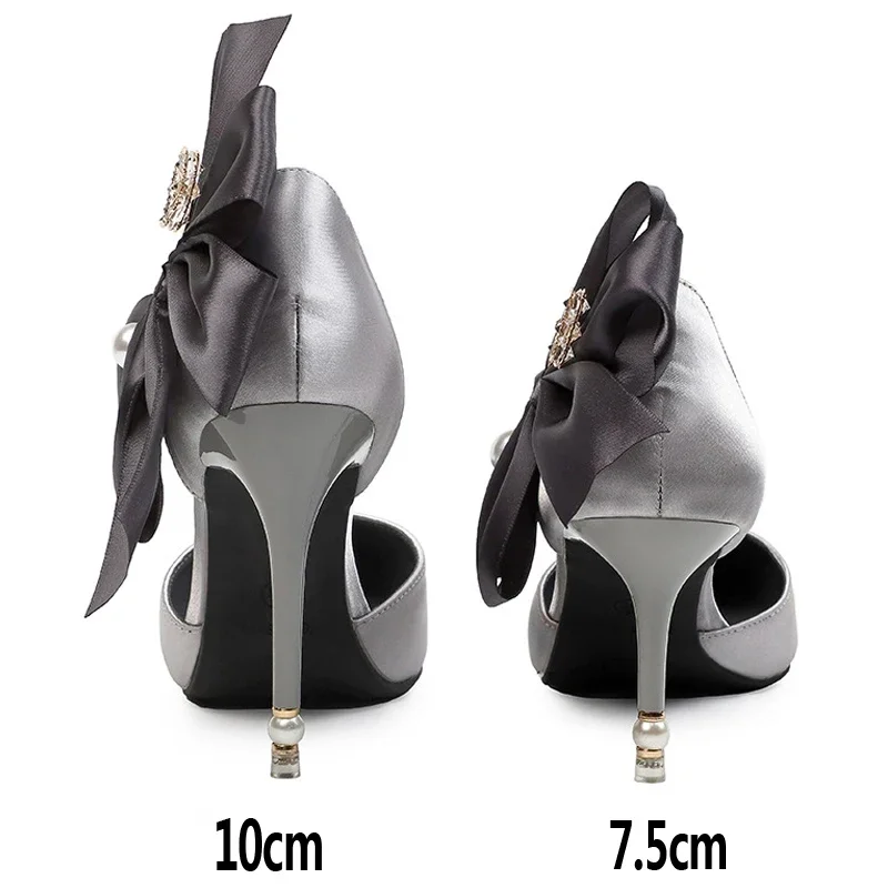 2023 New Bow-knot Women Pumps Designer Shoes High Heels Sandals Women Satin Stiletto Heels Sexy Pearl Wedding Shoes Plus Size 43