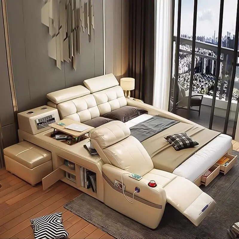 Smart bed multi-functional electric lifting leather queen bed massage tatami master bedroom double bed