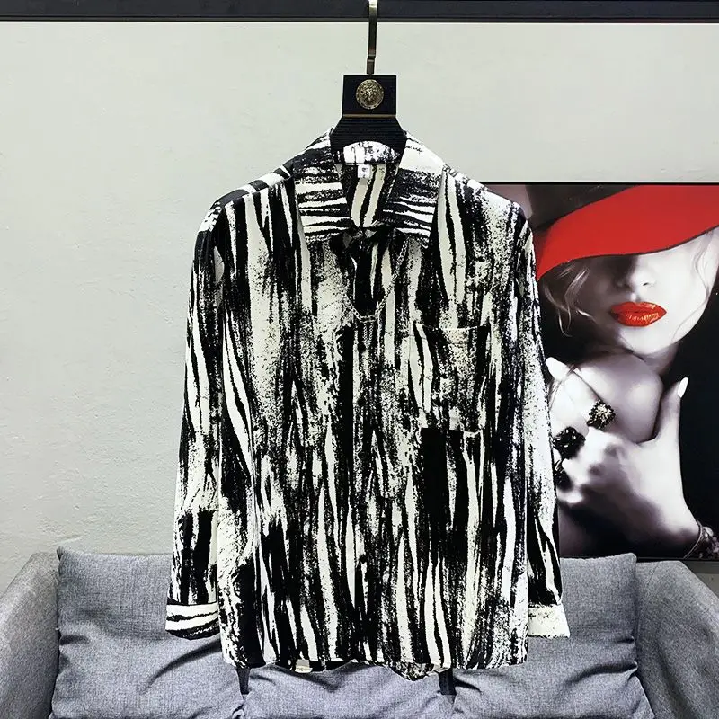 Korean Style Ink Retro Striped Shirt Men Slim Thin Tie-dyed Long-sleeved Ice Silk Shirt