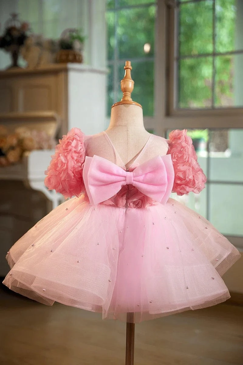 Princess Baby Flower Girl Dress Lace Flowers Knee Length 1st Birthday Wedding Party Evening Gown for Kids