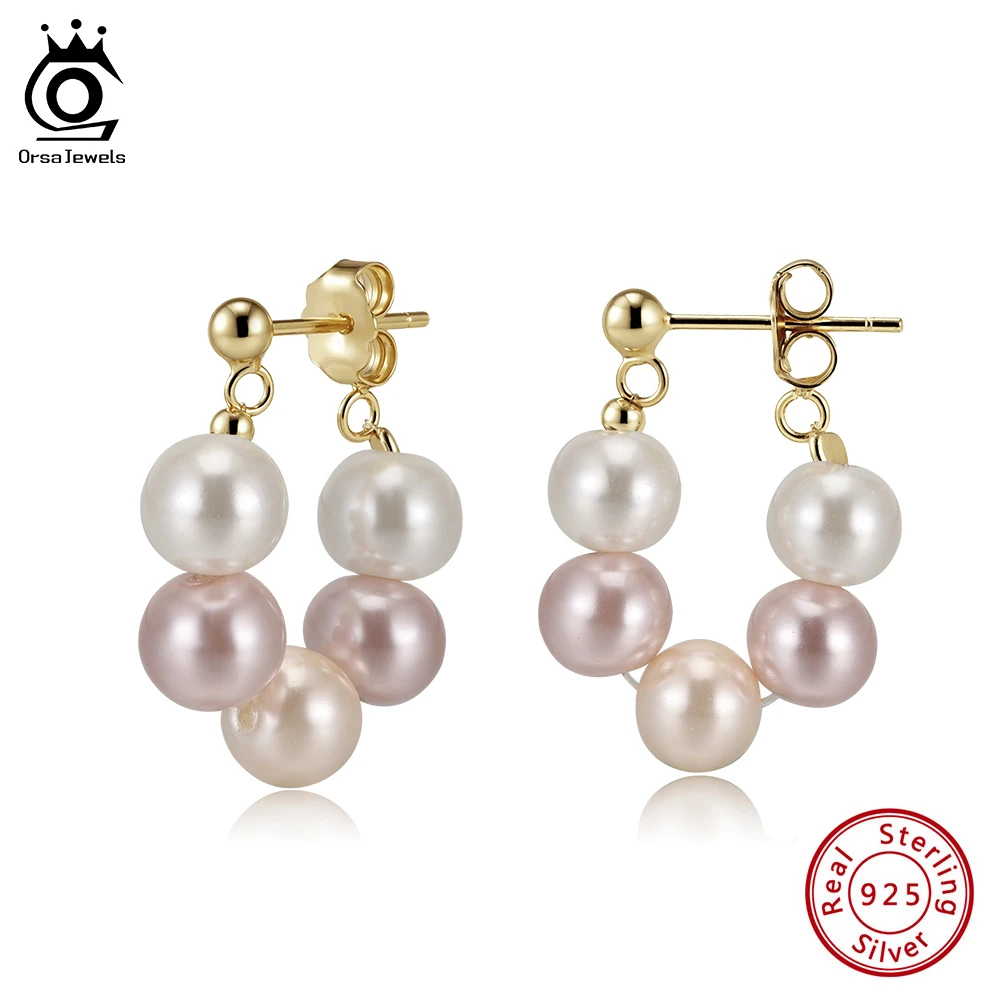 

ORSA JEWELS 925 Sterling Silver U-shaped Hoop Earrings Elegant Shell Pearl Beads Earrings Wedding Party Luxury Accessories PSE08