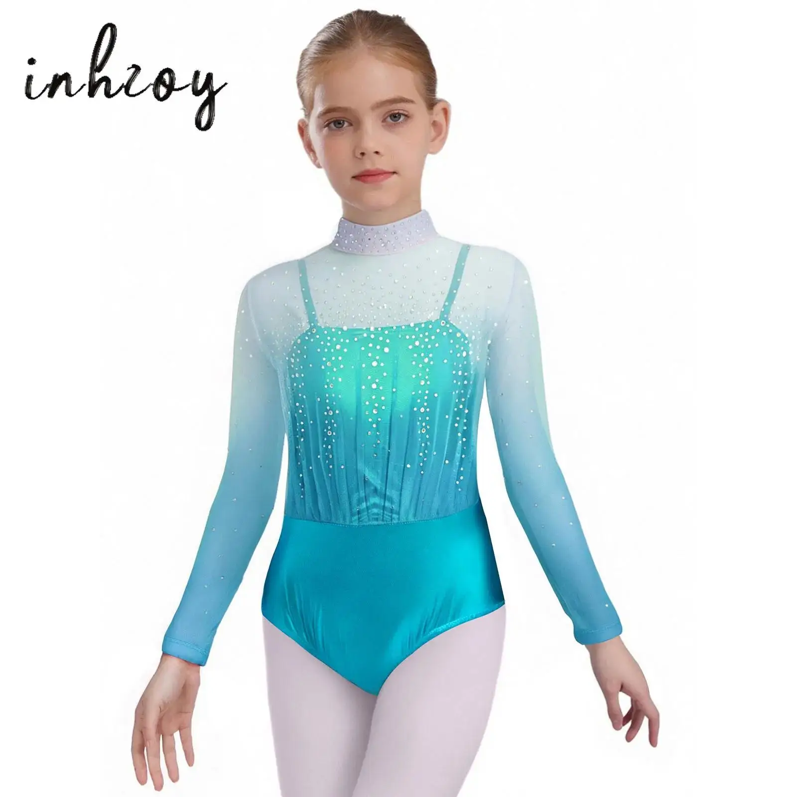 

Kids Girls Skating Gymnastics Leotard Spaghetti Straps Long Sleeve Metallic Shiny Rhinestones Sheer Mesh Bodice Dance Bodysuit