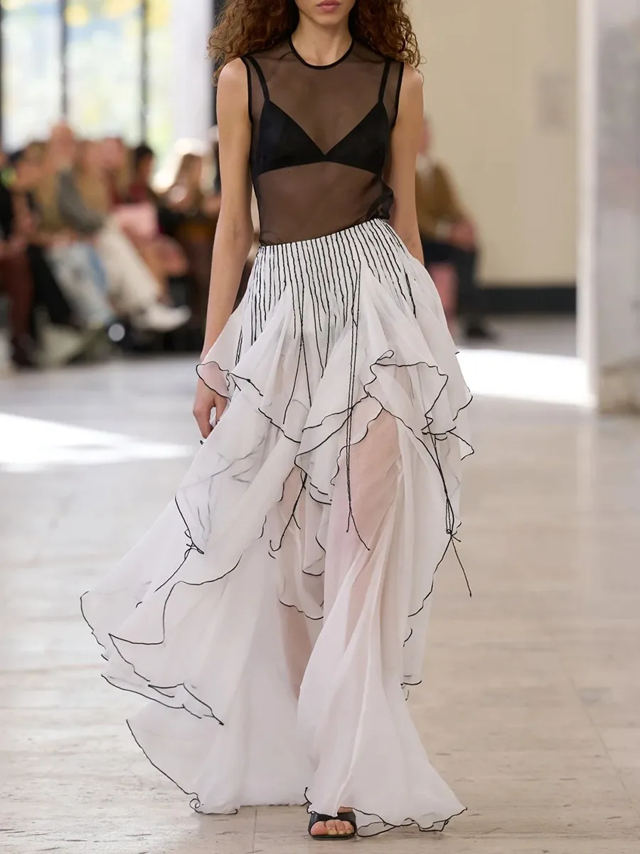 TWOTWINSTYLE Runway Spliced Ruffles Sheer Mesh Skirt for Women High Waist Bright Line Decoration Elegant Long Skirts Female New