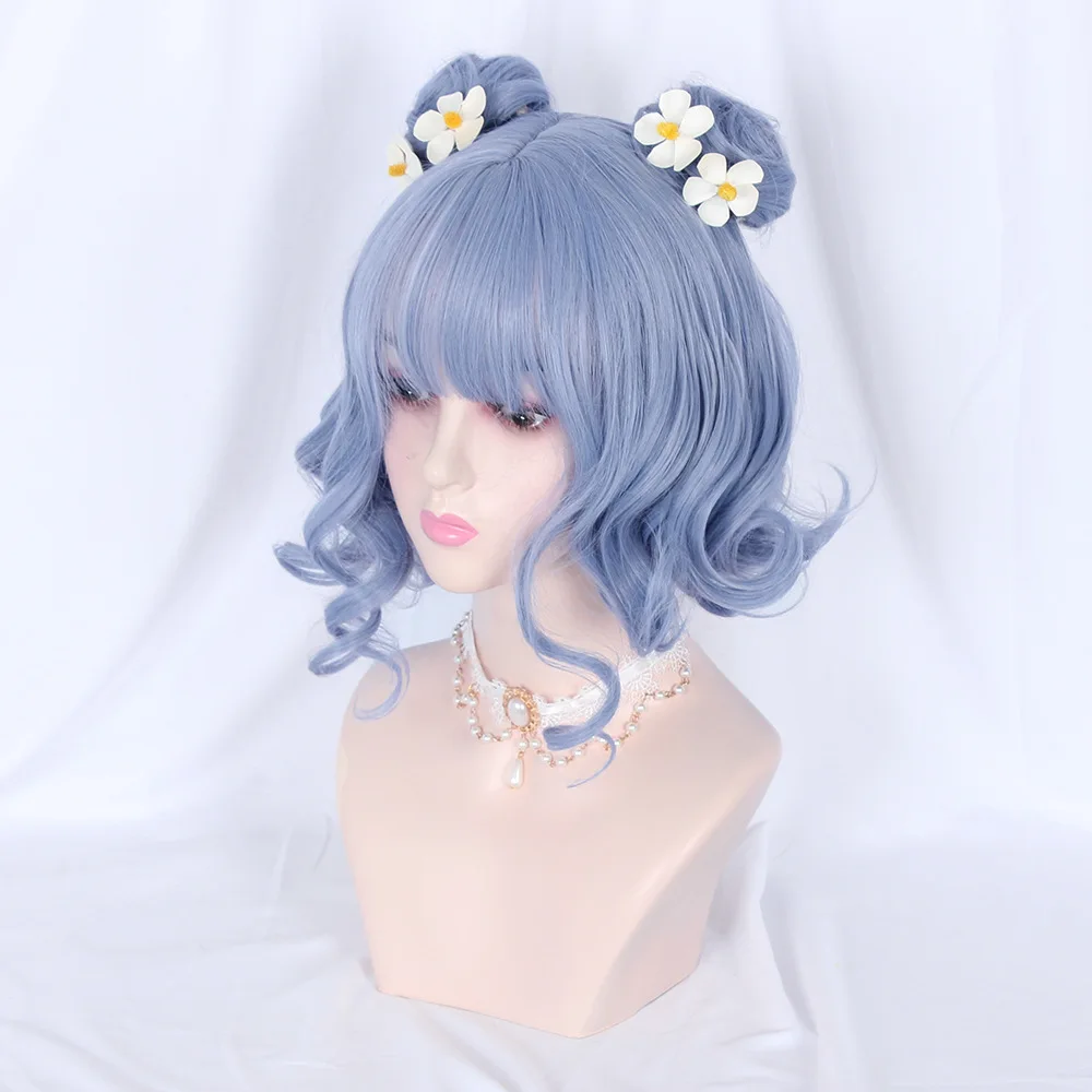 GAKA Ombre Blue Short Wigs with Bangs Synthetic Women Lolita Wavy Curly Cosplay Hair Wig for Daily Party