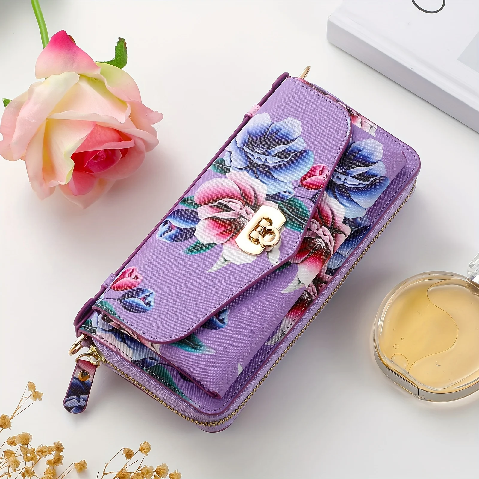 Flower Mobile Phone Bag With Lanyard Strap, PU Leather Zipper Handbag, RFID Blocking Card Holder, Casual Clutch Bag