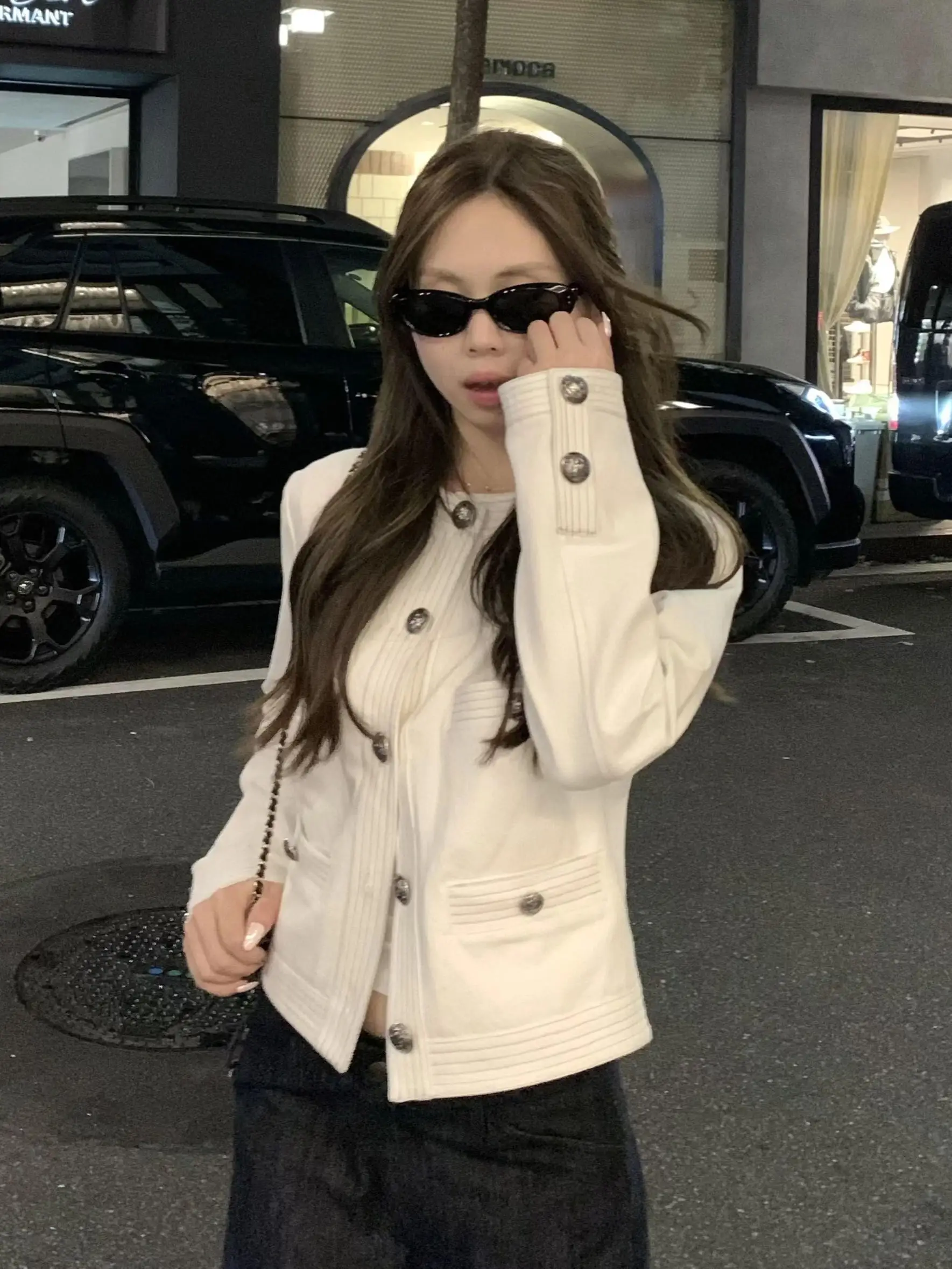 

Tweed Jacket Woman Plus Size Womens Crop Chic French Style Formal Button-Embellished Turtleneck Bow Panelled Cinching Vintage OL