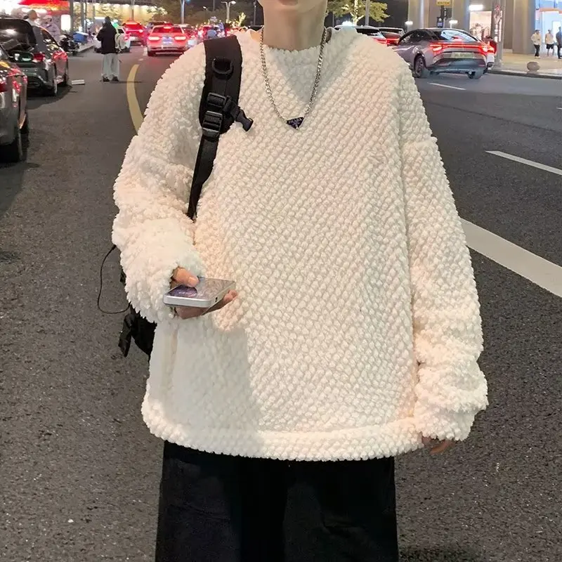 

Осень-зима, большой размер, мужская модная толстовка с мехом ягненка, Thiened Fce, свободный крой, бейсбольный воротник, однотонный вязаный свитер