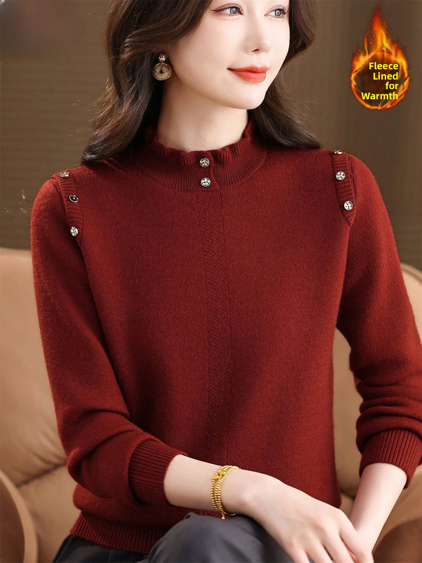 

Fashionable Fleece Lined Thickened Half High Collar Sweater for Middle Aged And Elderly Women Warm Comfortable Base Layer Shirt
