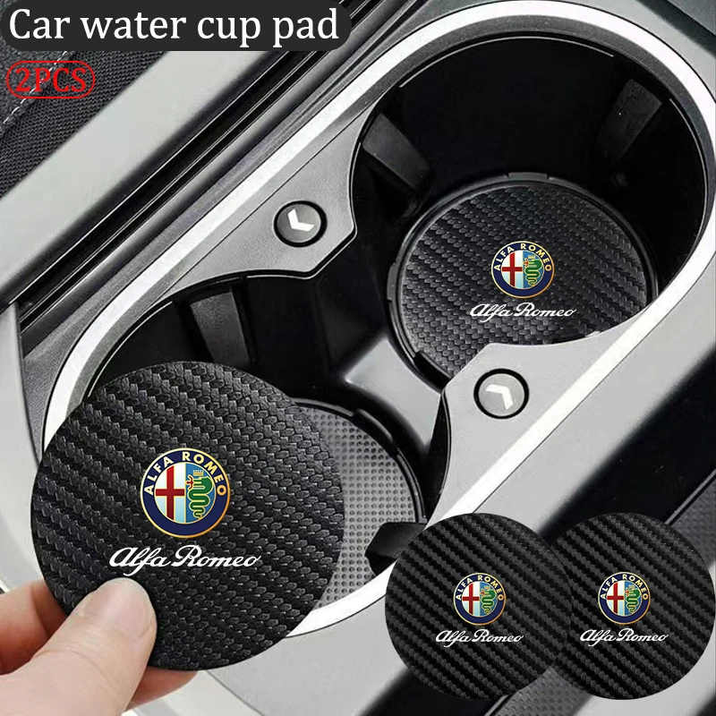 2Pcs Carbon Fiber Leather Coaster Car Water Cup Anti-slip Pad Mat Auto Interior For Alfa Romeo 4C 159 166 Spider 156 Mito 147 GT
