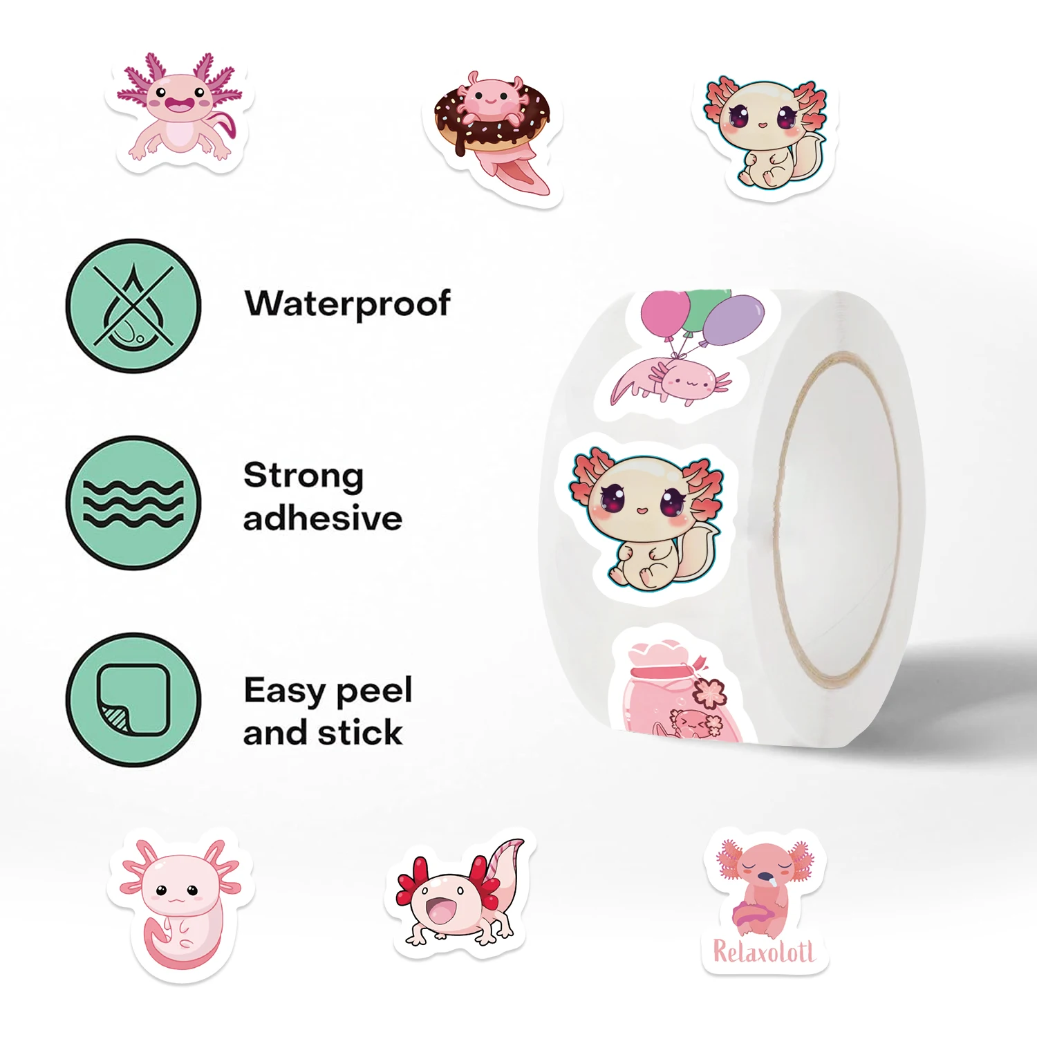 500Pcs/Roll Kawaii Axolotl Decal Vinyl Bonus Stickers For Water Bottle Scrapbook Student Motivational Gifts