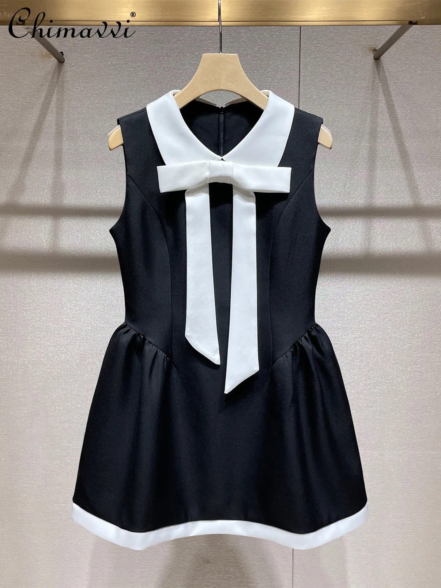 

2026 Summer French Style Elegant Hepburn Spliced Crew Neck Sleeveless Bow High Waist A-line Socialite Party Dresses for Women