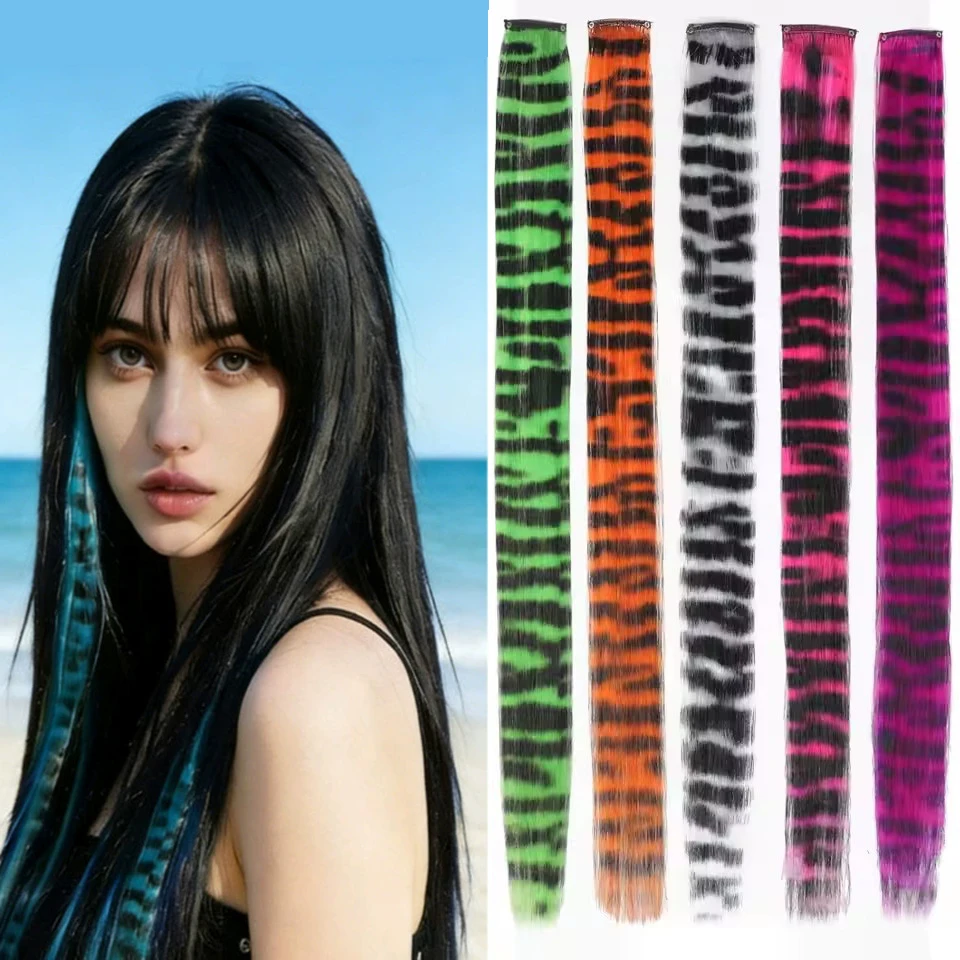 Stripe Printed Hair Colorful Long Straight Hair Pieces Synthetic Clip-in Hair Extensions for Daily Use Party Halloween