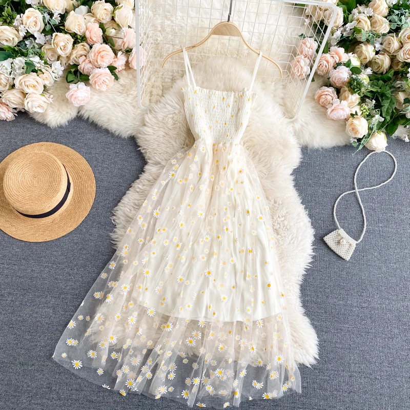 

Korean Fashion Daisy Flower Print Mesh Party Dress Summer Two Layers Spaghetti Strap Vacation Midi Dress Beach Vestidos