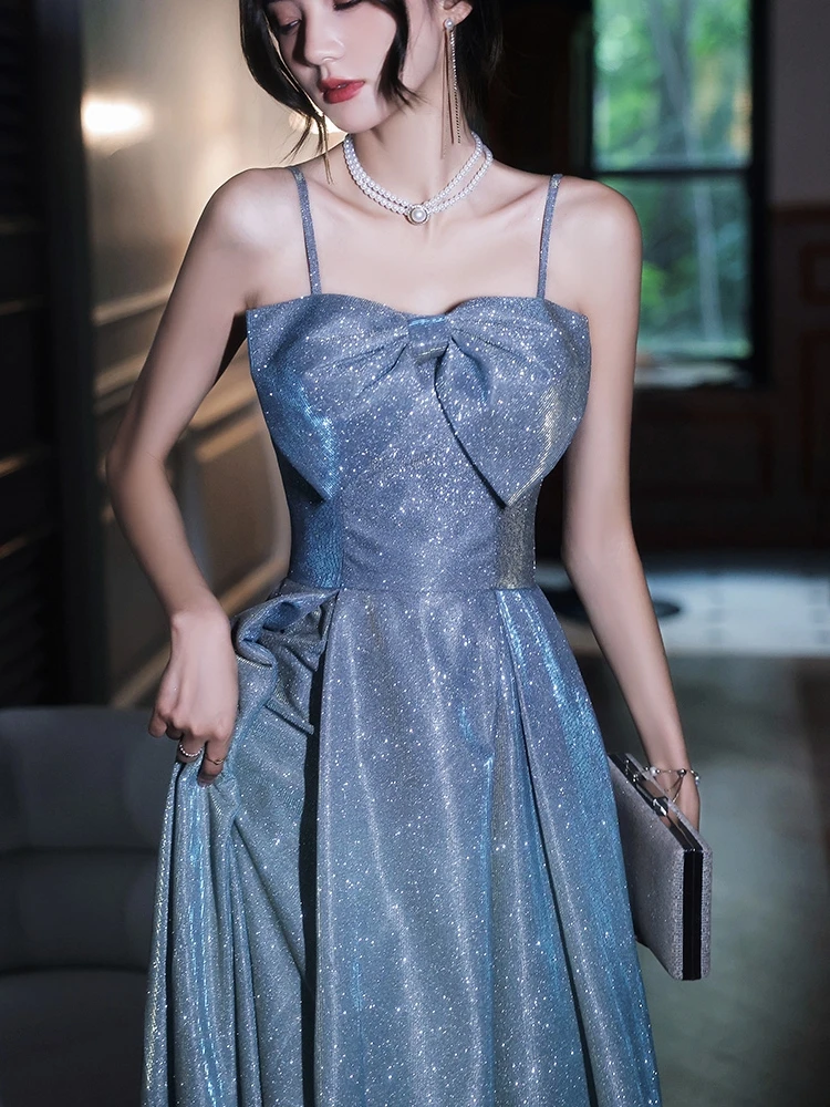 

Starry Sky Blue Suspender Evening Dresses Women Big Bow Shiny Blingbling Host Dress Exquisite Elegant Modern Choir Gown