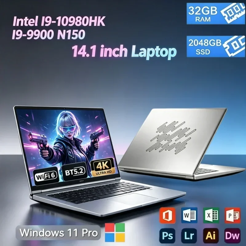 High‑Performance 14.1" Intel I9‑10980HK I9‑9900 N150 32GB RAM 2TB SSD Win11 WIFI6 BT5.2 Slim Laptop For Business Office Gaming
