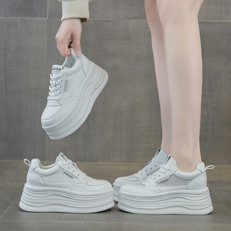 2026 8cm Microfiber Leather Women Casual Shoes Chunky Sneakers Platform Wedge Hidden Heel Women Leisure Shoes Summer Sneaker