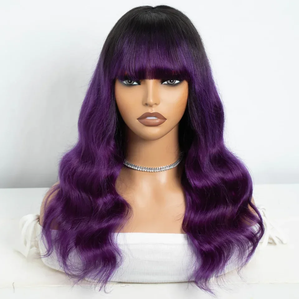 Body Wave Wig With Bangs Brazilian Ombre Burg Fringe Bob Human Hair Wig For Women Hair Glueless Full Machine Made Human Hair Wig