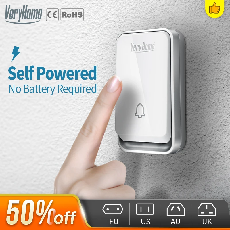 VeryHome self-generating waterproof wireless doorbell receiver battery buttonUS EU UK AU plug home doorbell 150m remote